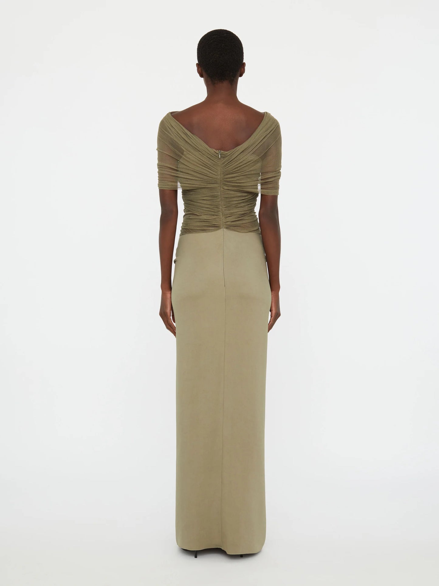 CROSSED TULLE RUCHED DRESS