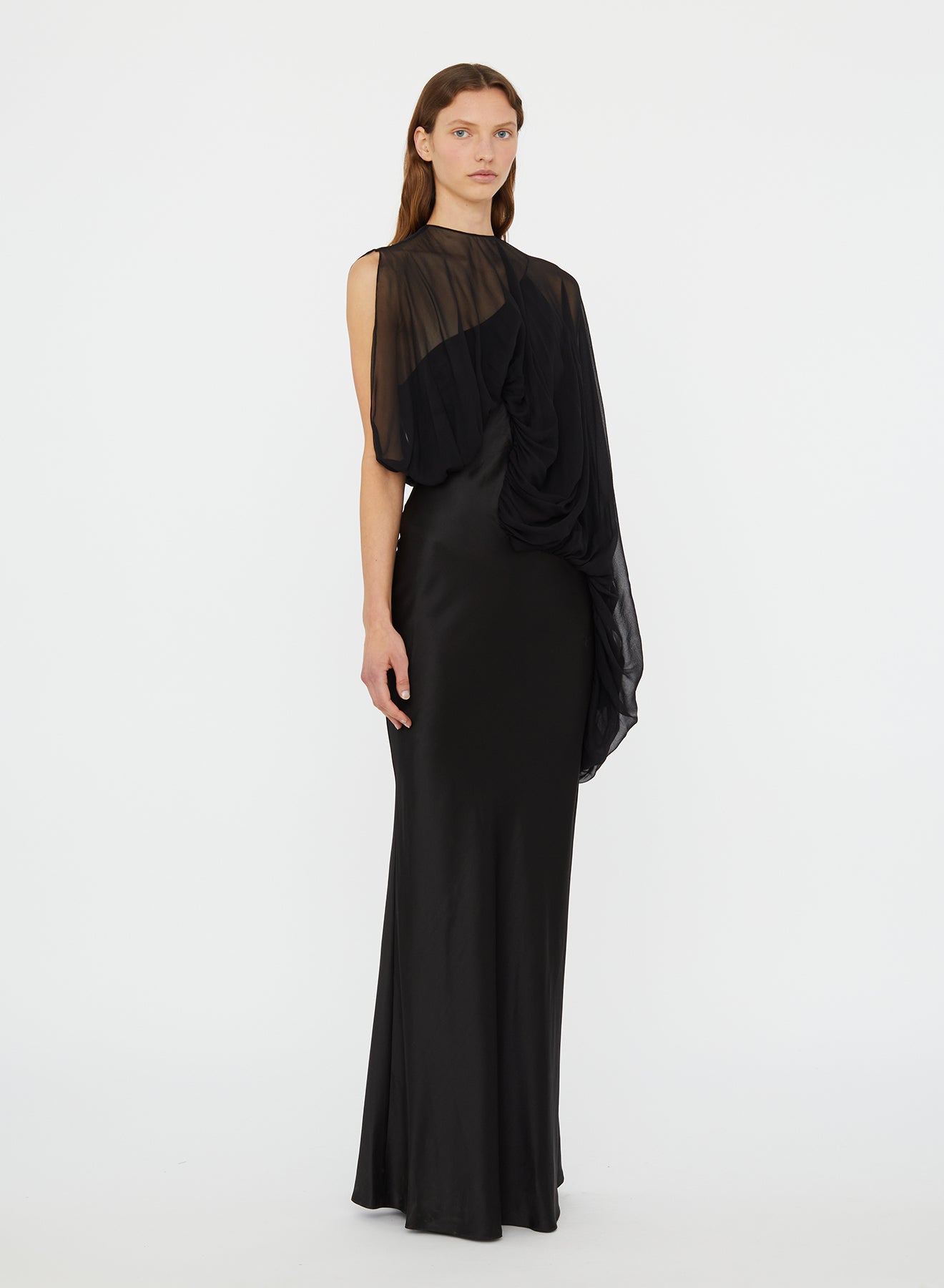 SWIRL SILK DRAPED SLEEVE DRESS