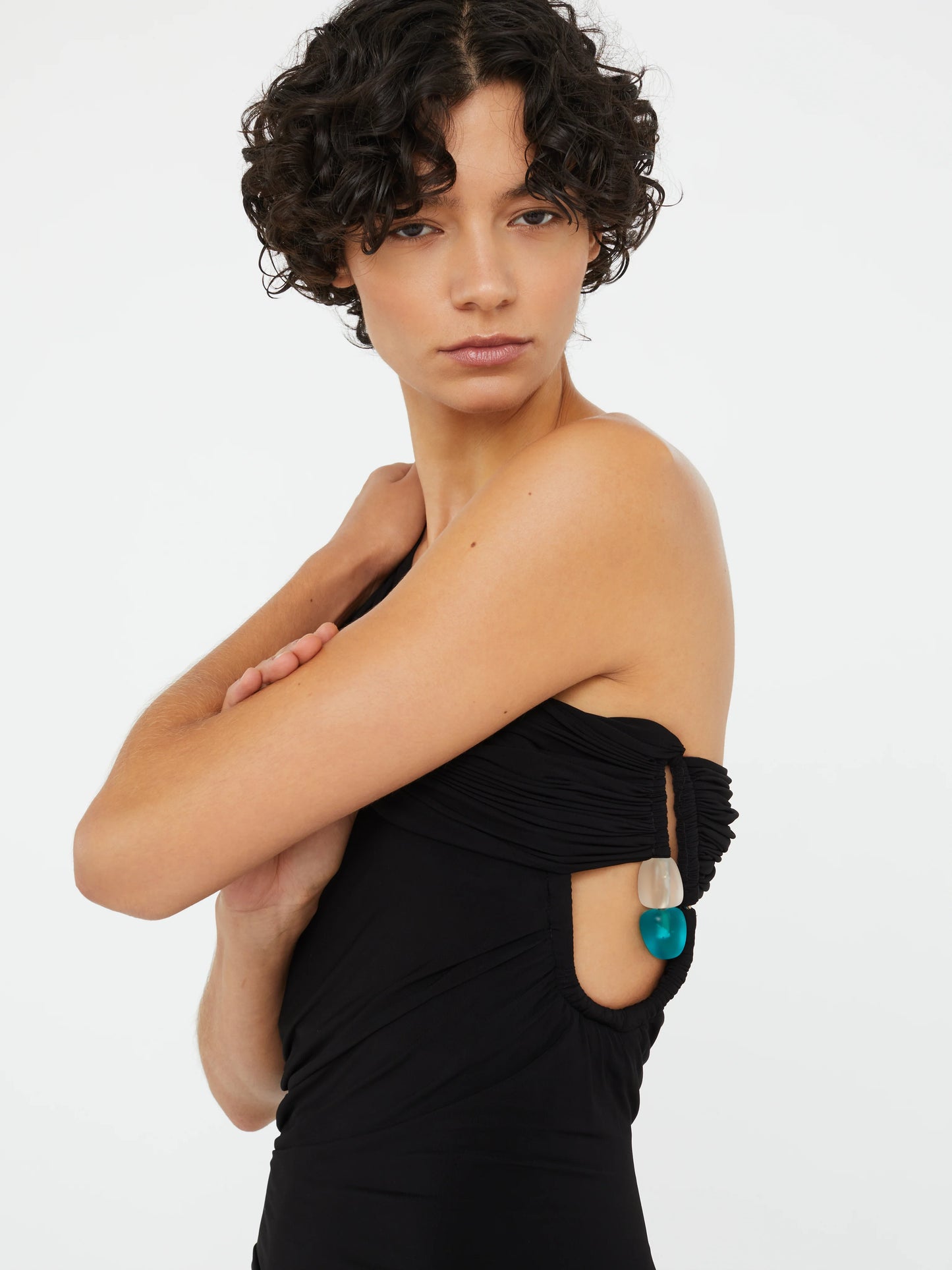 BEACH GLASS DRAPED JERSEY STRAPLESS DRESS