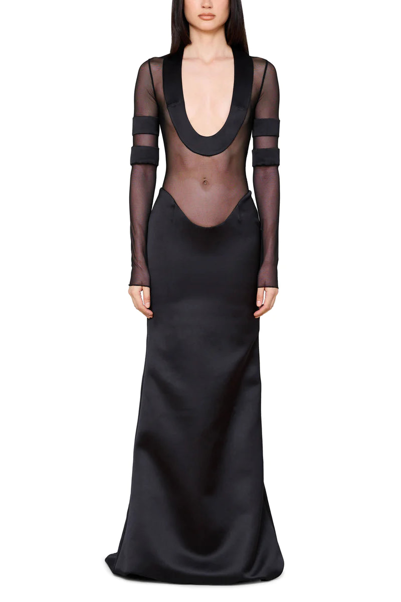 SCOOP NECK GOWN WITH SATIN TRIM