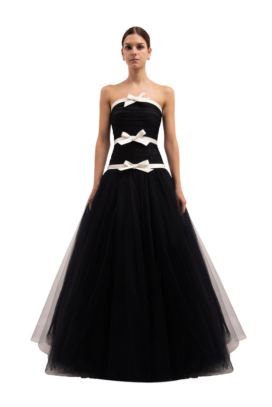 TULLE BLACK GOWN - BOW TRIMS
