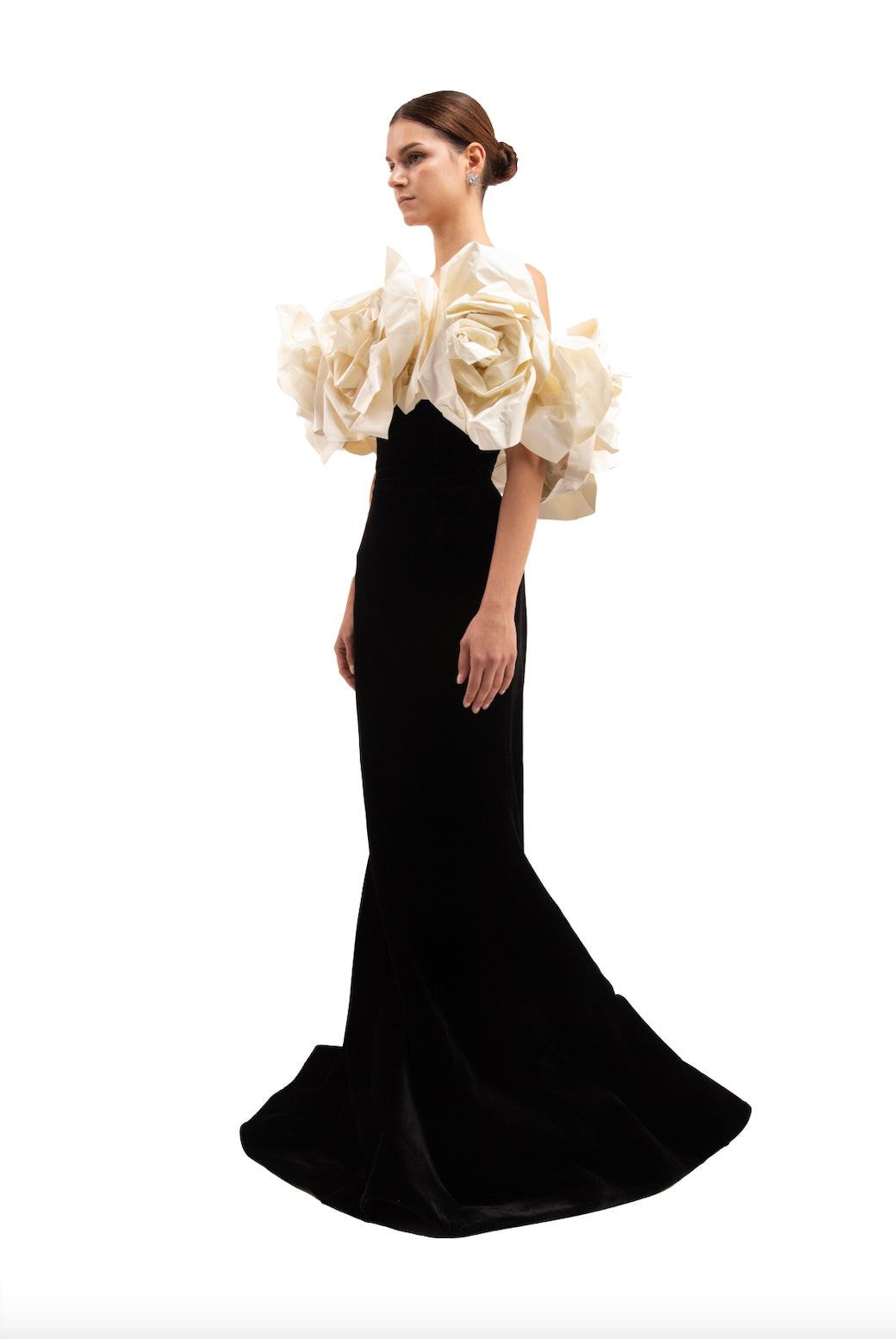 RUNWAY BLACK VELVET GOWN + SILK IVORY FLOWER