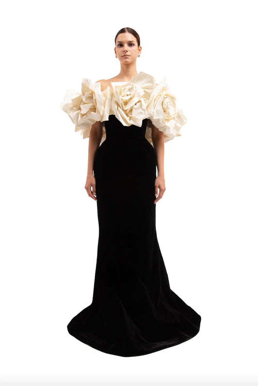 RUNWAY BLACK VELVET GOWN + SILK IVORY FLOWER