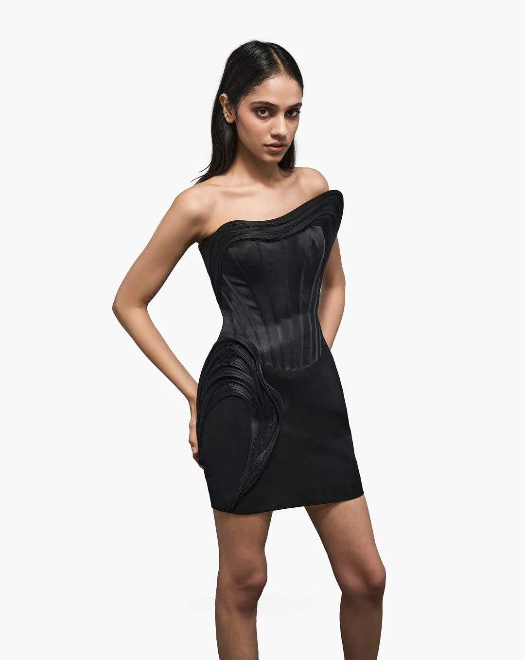 BLACK SCULPTED MINI DRESS