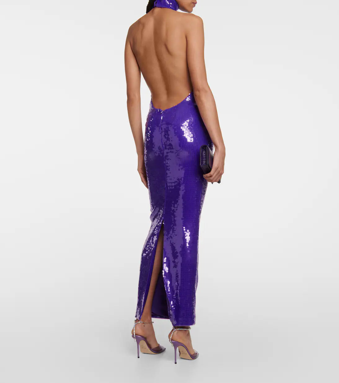 MOCK NECK SEQUIN OPEN BACK COLUMN GOWN