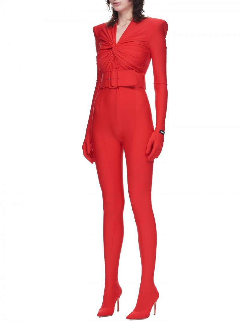 RED STRETCH JUMPSUIT WITH GLOVES