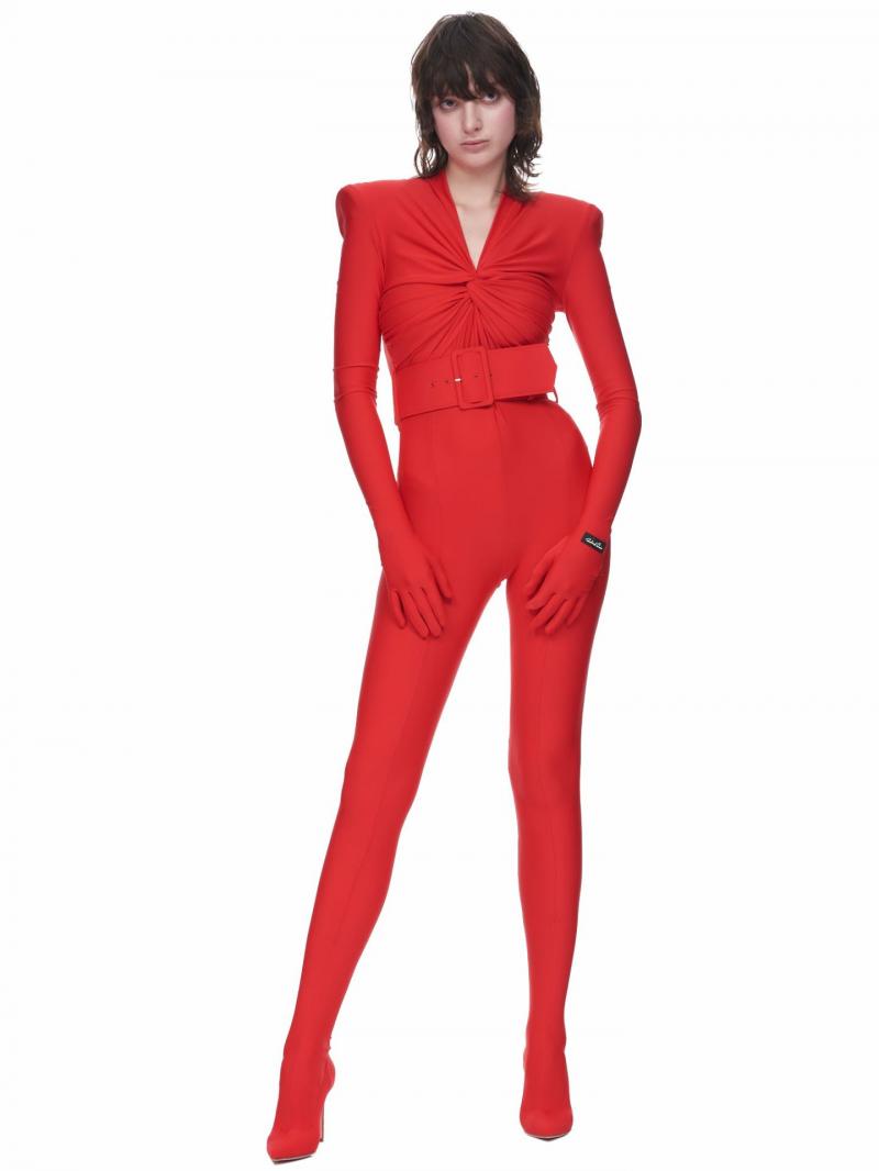 RED STRETCH JUMPSUIT WITH GLOVES
