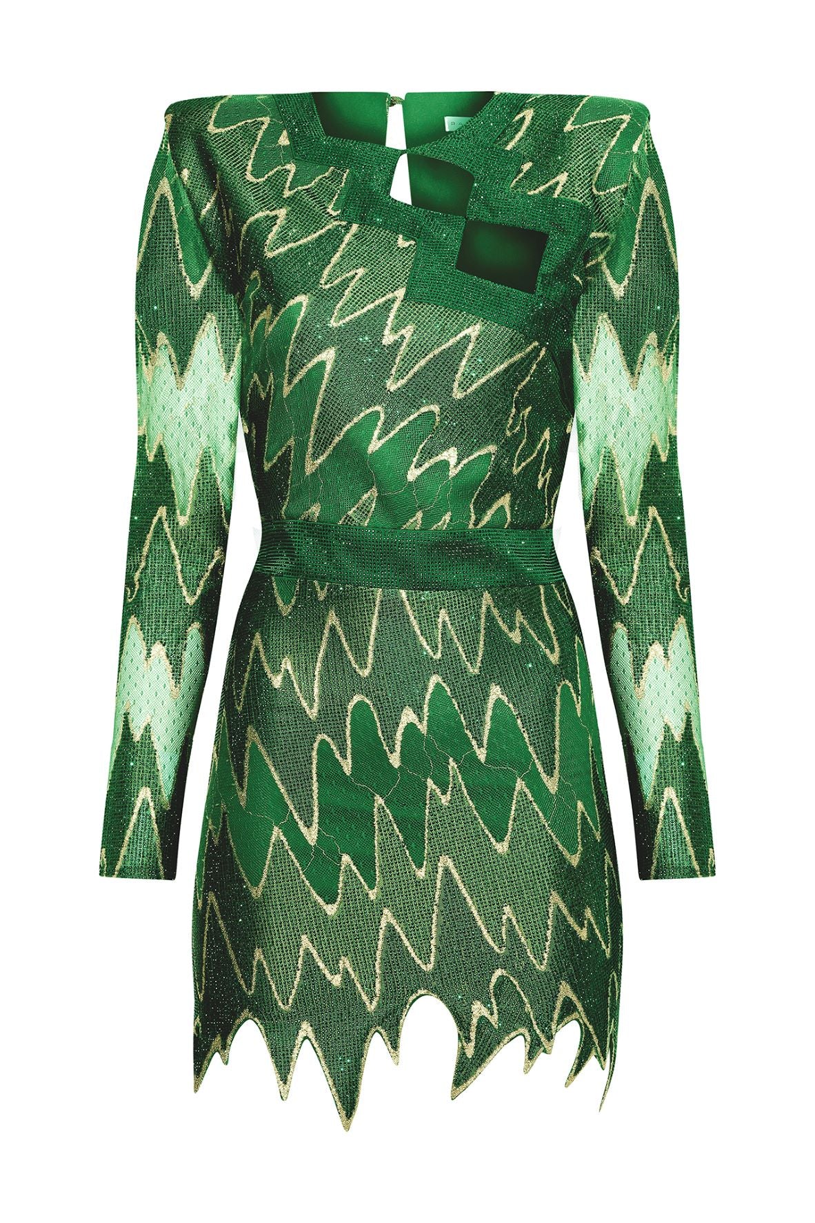 CRYSTAL EMBELLISHED LACE ZIGZAG MINI DRESS WITH CUTOUT DETAILS