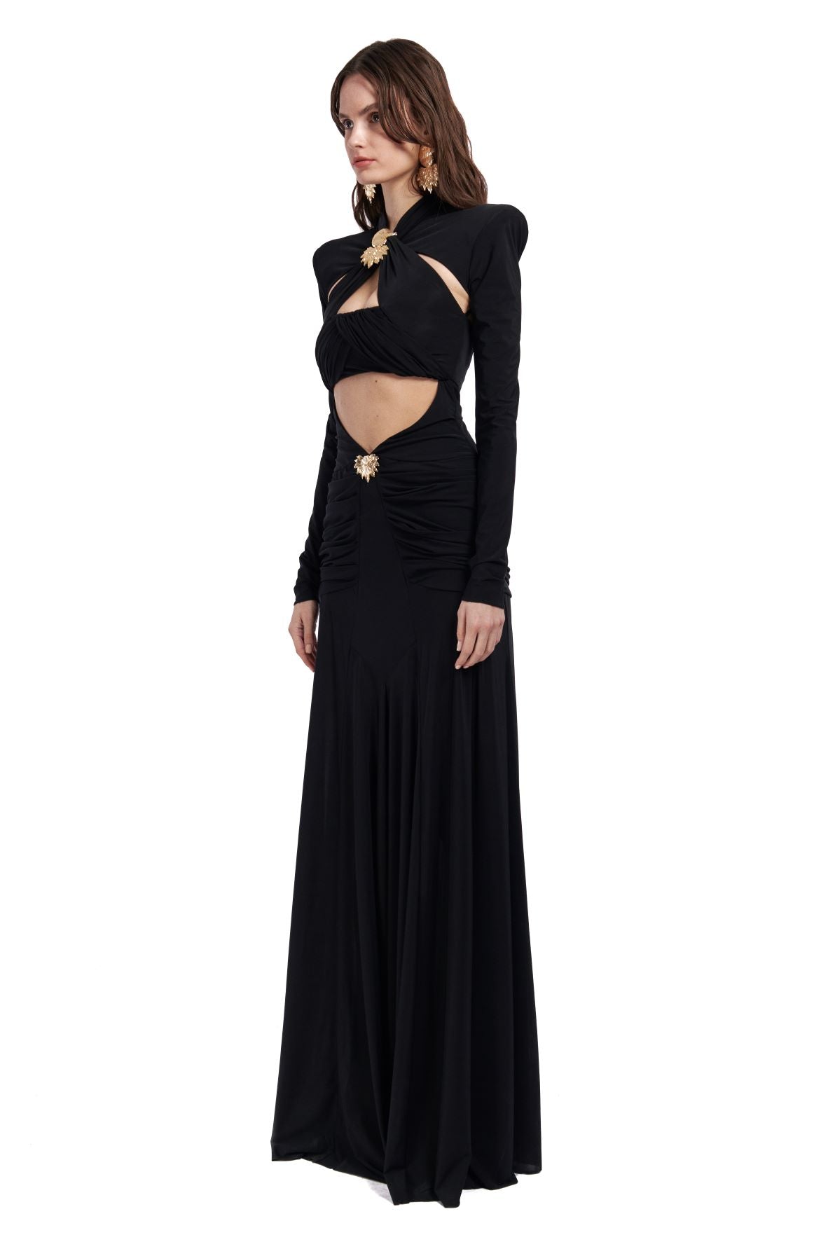 LONG SLEEVED CUTOUT MAXI DRESS WITH GOLD BUCKLES