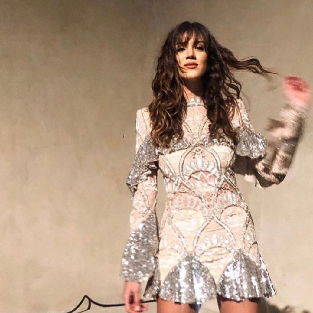 SEQUINED BEADED MINI LACE DRESS