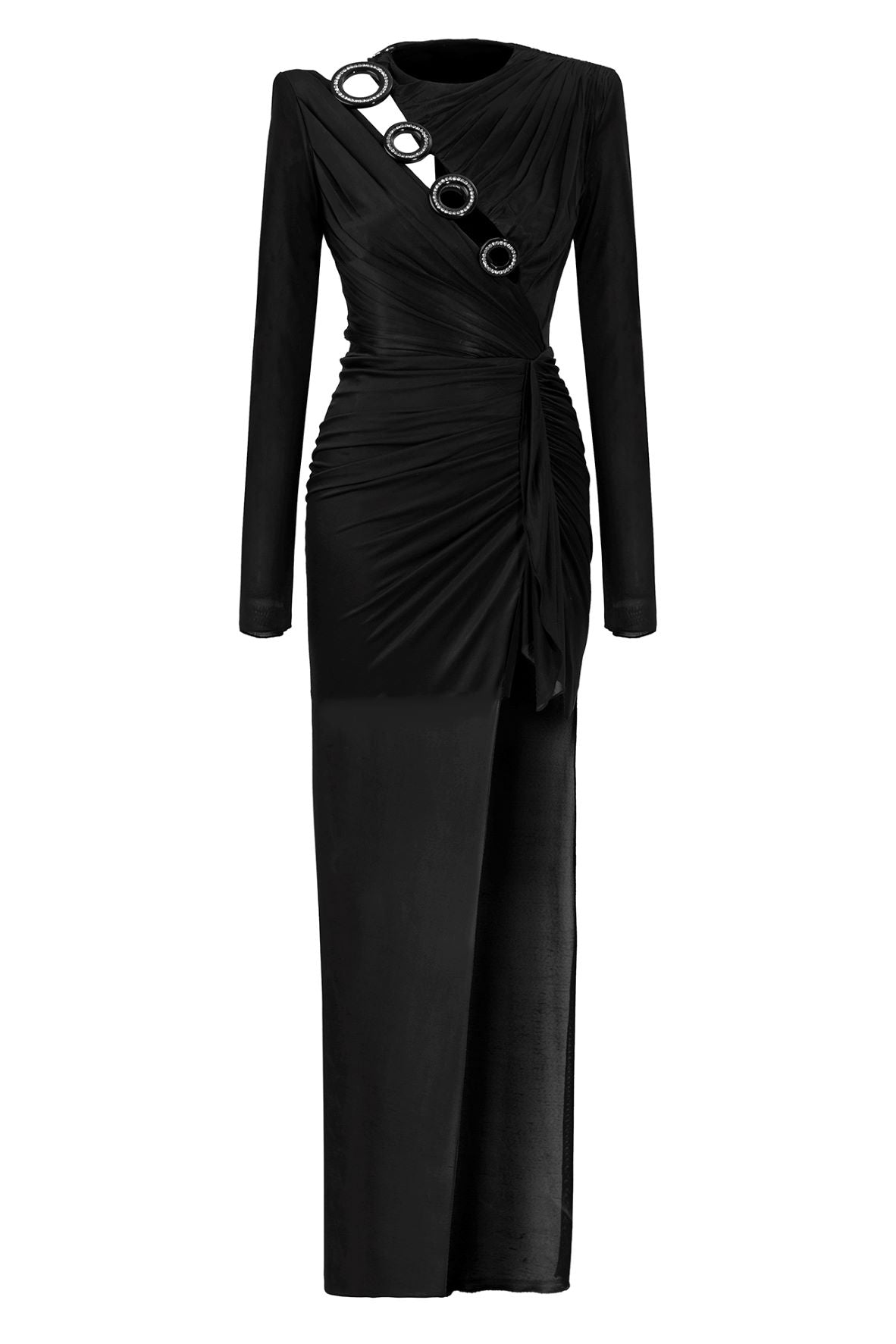 LONG SLEEVED CRYSTAL BUTTONED MIDI DRESS WITH HIGH SLIT