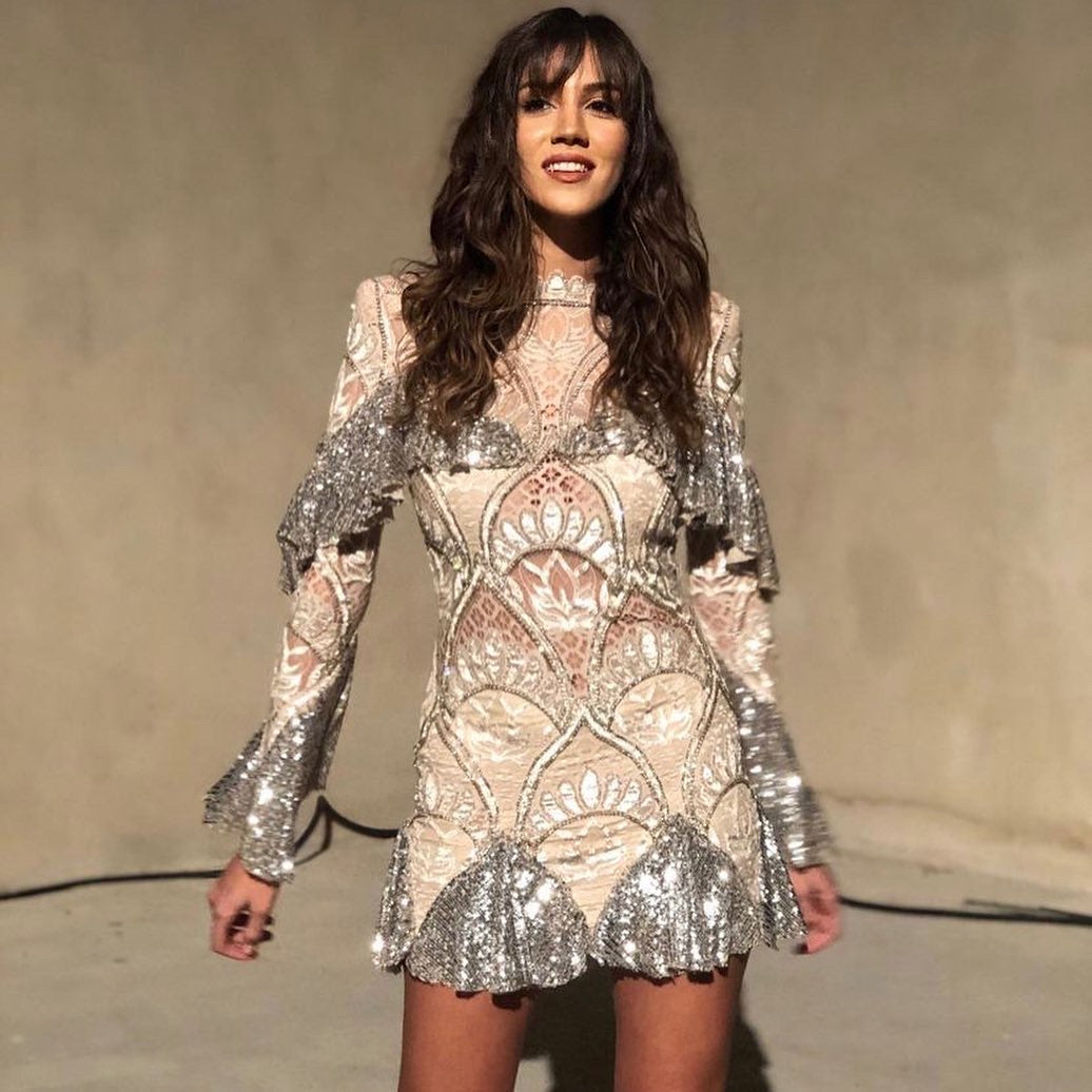 SEQUINED BEADED MINI LACE DRESS