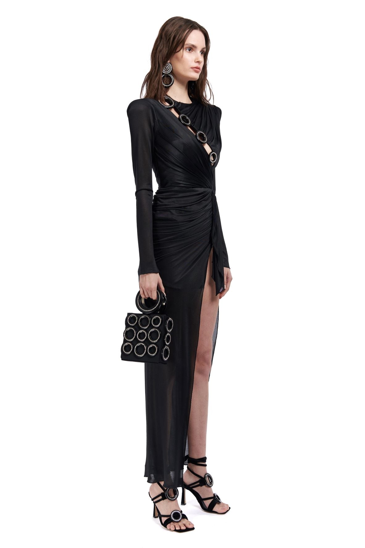 LONG SLEEVED CRYSTAL BUTTONED MIDI DRESS WITH HIGH SLIT