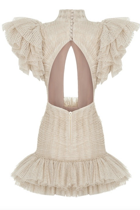 CUT OUT DETAILED OPEN KNIT RUFFLE MINI DRESS