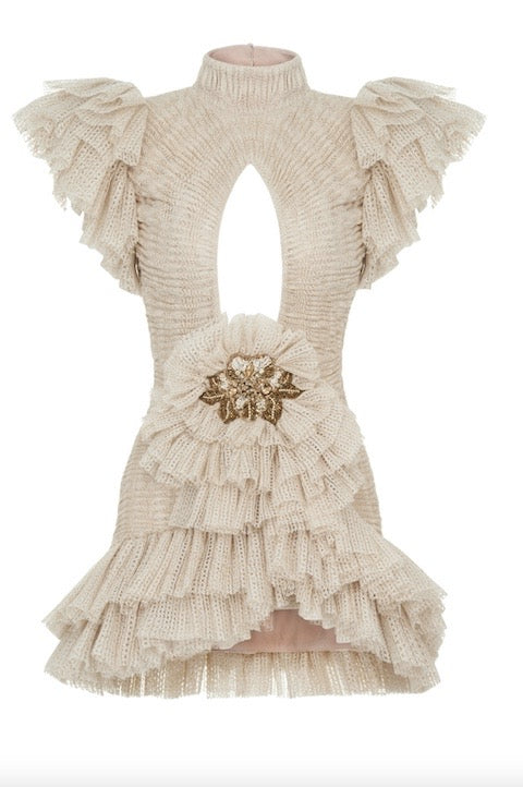 CUT OUT DETAILED OPEN KNIT RUFFLE MINI DRESS