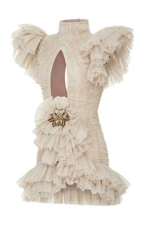 CUT OUT DETAILED OPEN KNIT RUFFLE MINI DRESS