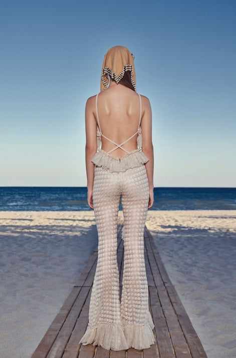 CUT OUT DETAILED OPEN KNIT RUFFLE JUMPSUIT