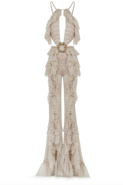 CUT OUT DETAILED OPEN KNIT RUFFLE JUMPSUIT
