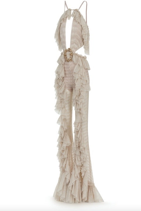 CUT OUT DETAILED OPEN KNIT RUFFLE JUMPSUIT