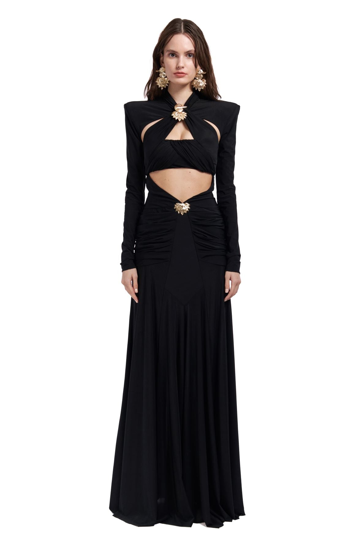 LONG SLEEVED CUTOUT MAXI DRESS WITH GOLD BUCKLES