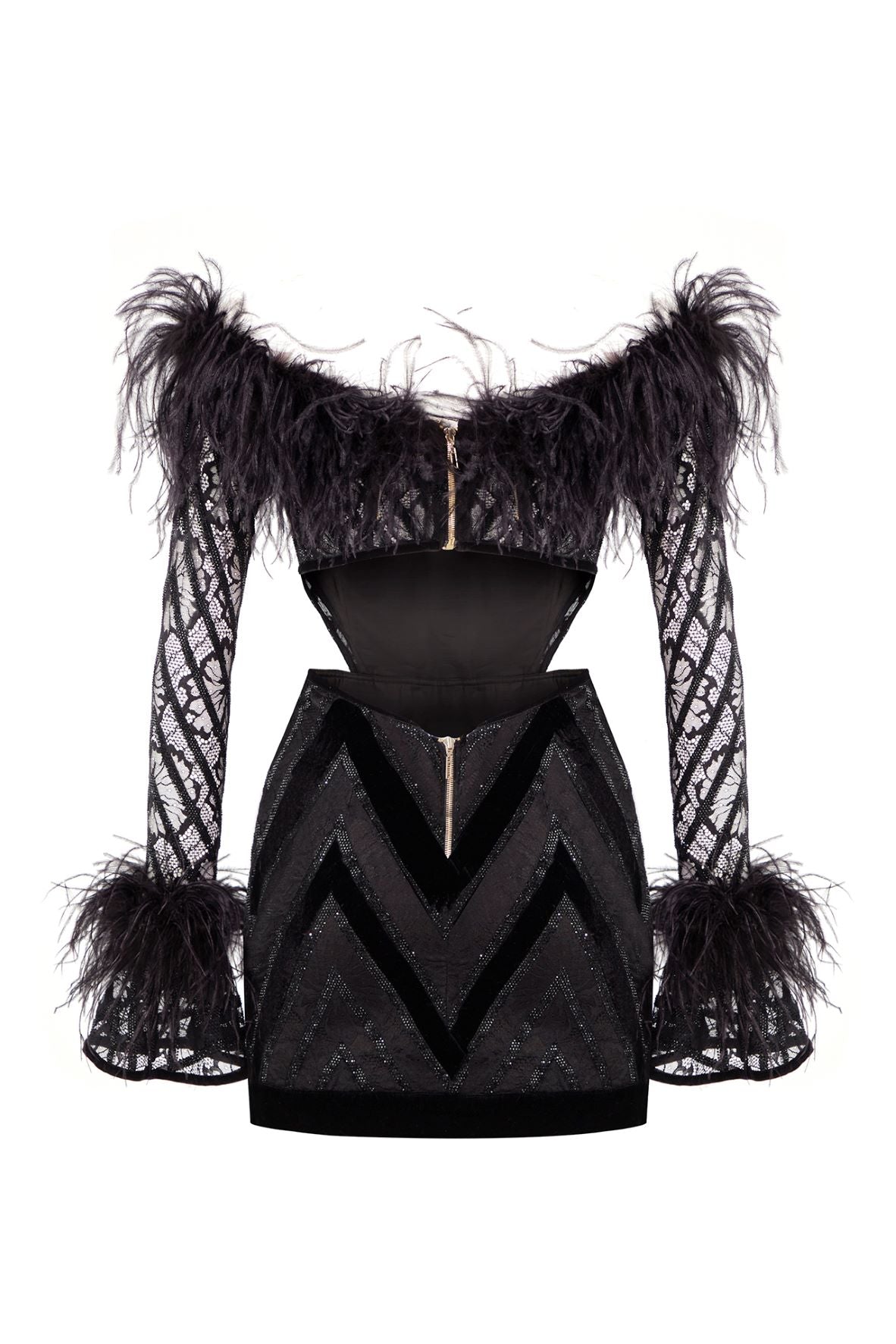 CRYSTAL EMBELLISHED SILK VELVET LACE MINI DRESS WITH FEATHER DETAILS
