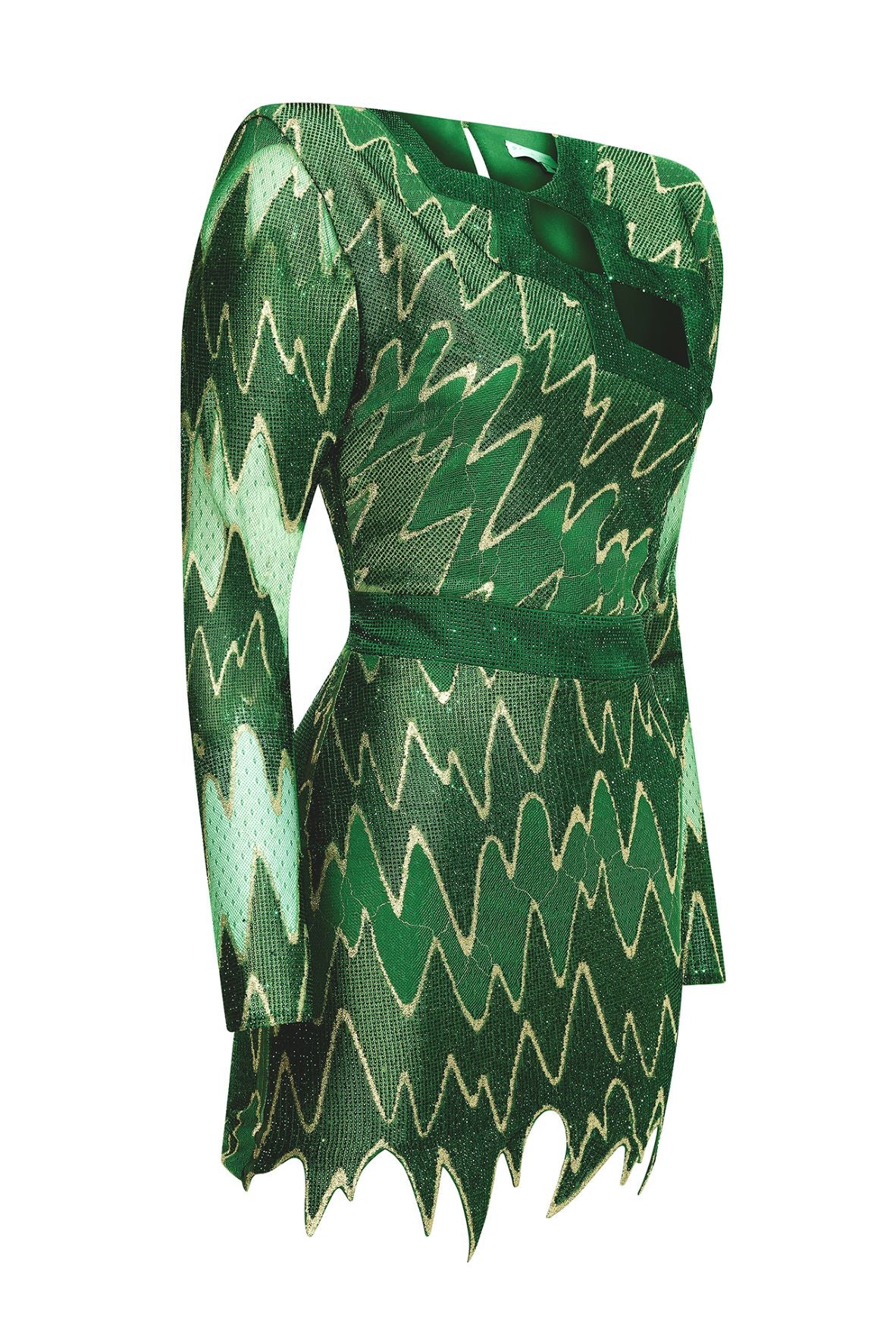 CRYSTAL EMBELLISHED LACE ZIGZAG MINI DRESS WITH CUTOUT DETAILS