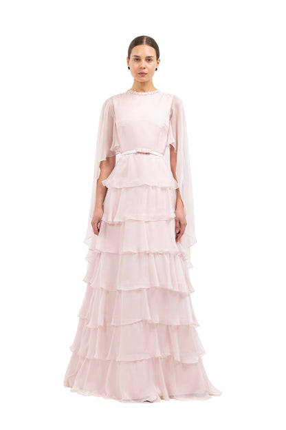 BLOCK PINK RUFFLE GOWN - TRIM AT NECK
