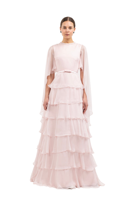 BLOCK PINK RUFFLE GOWN - TRIM AT NECK