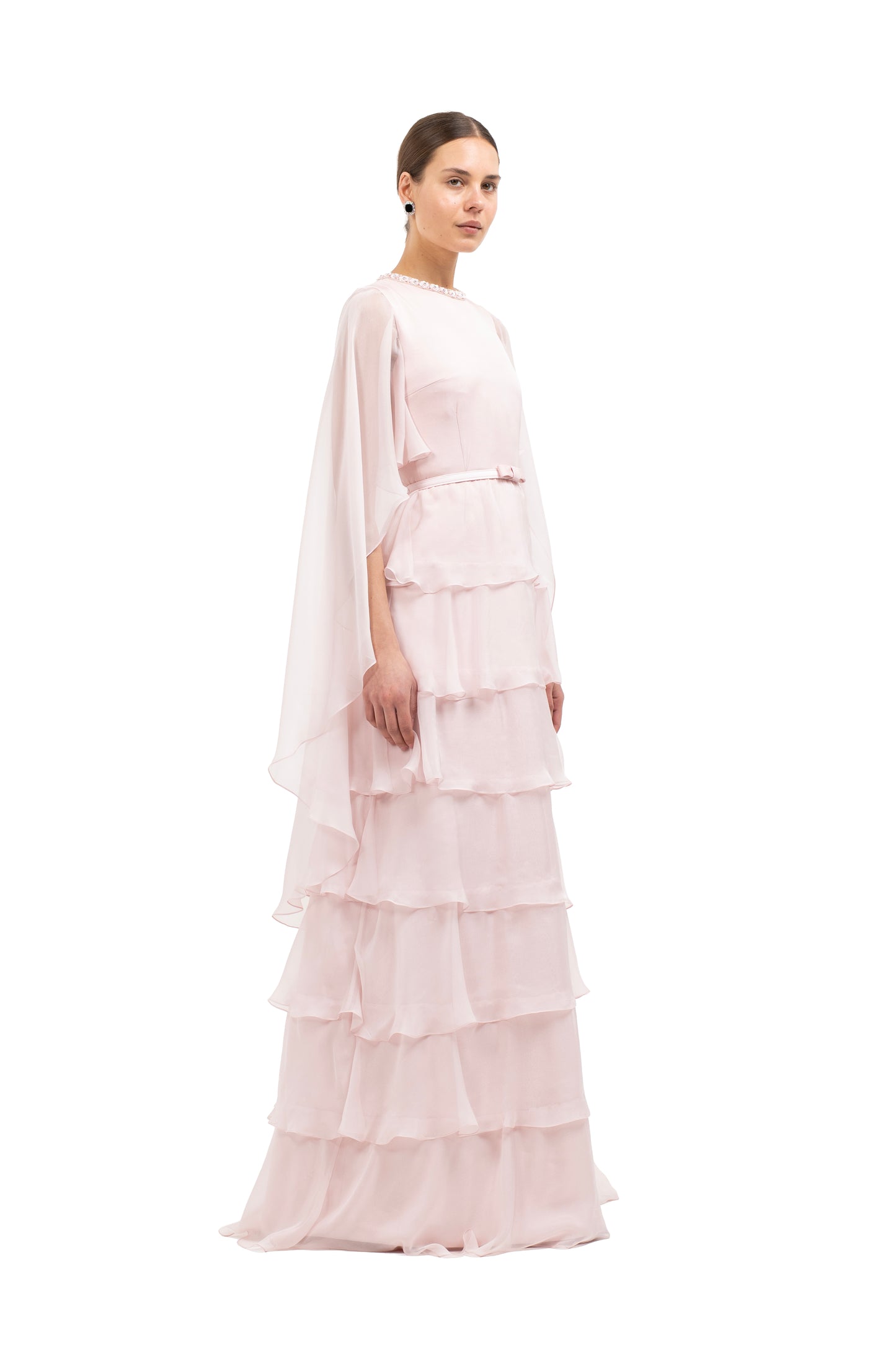 BLOCK PINK RUFFLE GOWN - TRIM AT NECK