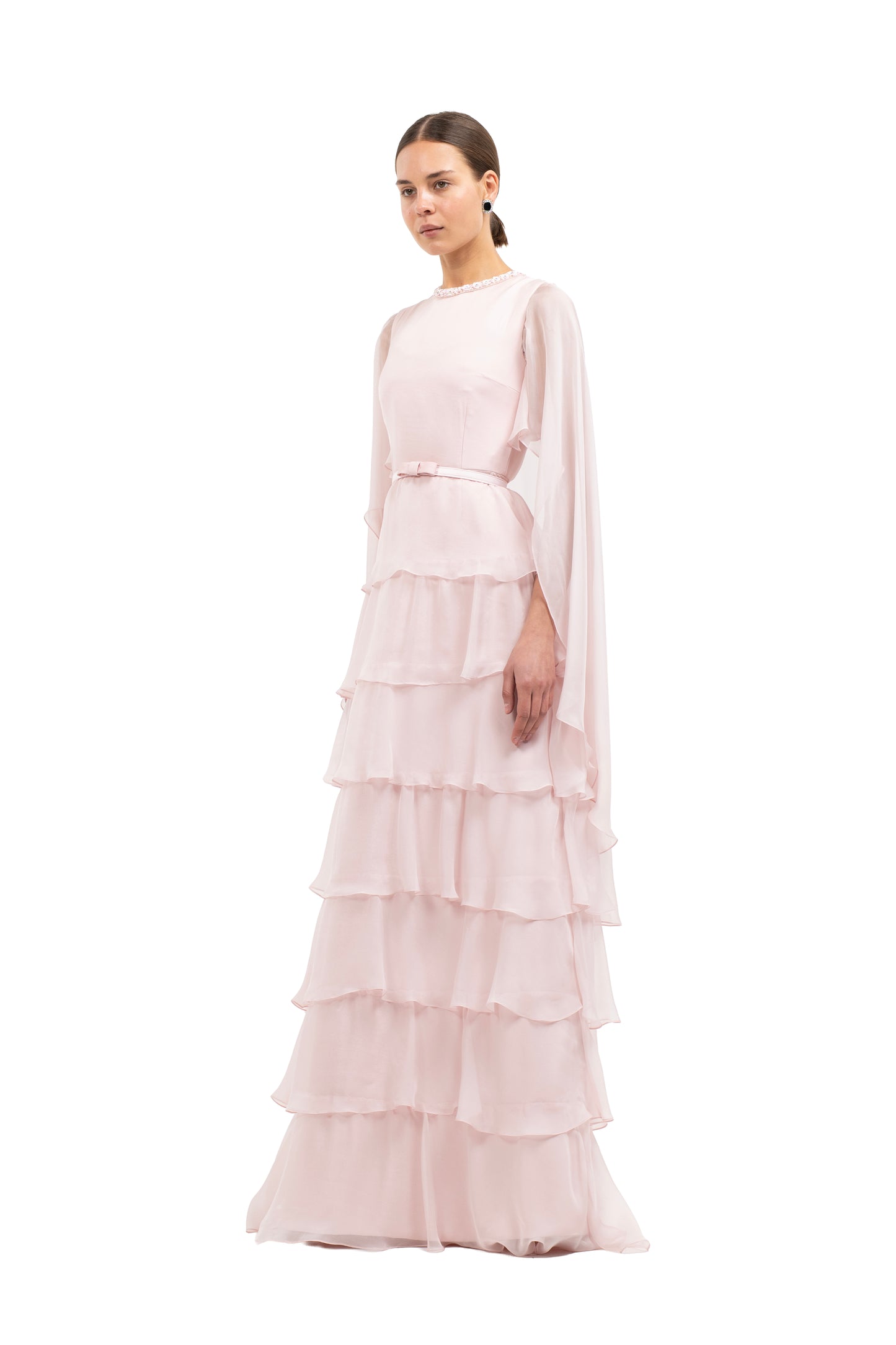 BLOCK PINK RUFFLE GOWN - TRIM AT NECK