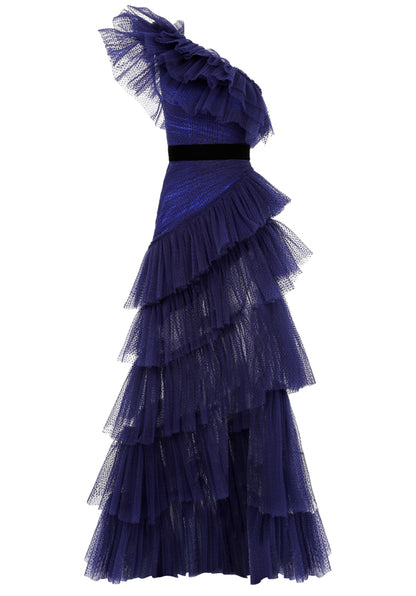 ONE SHOULDER RUFFLED TULLE MAXI DRESS