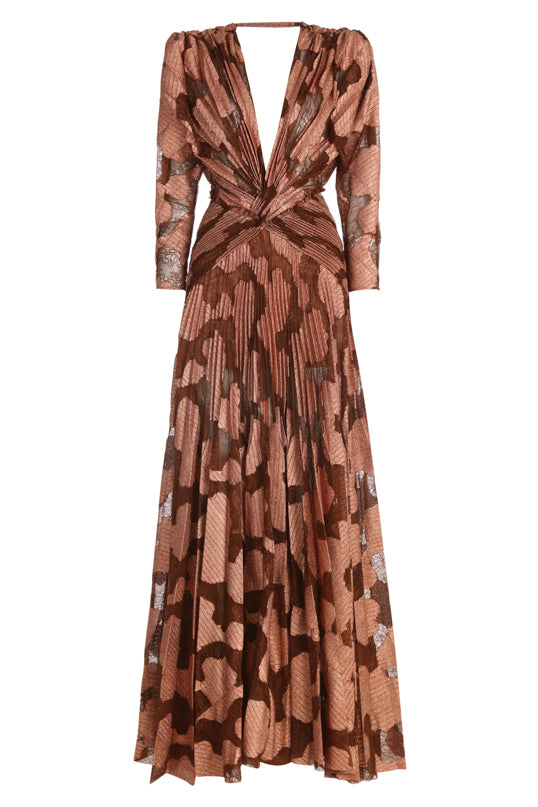 PATTERNED V NECK MAXI DRESS WITH OPEN NECK