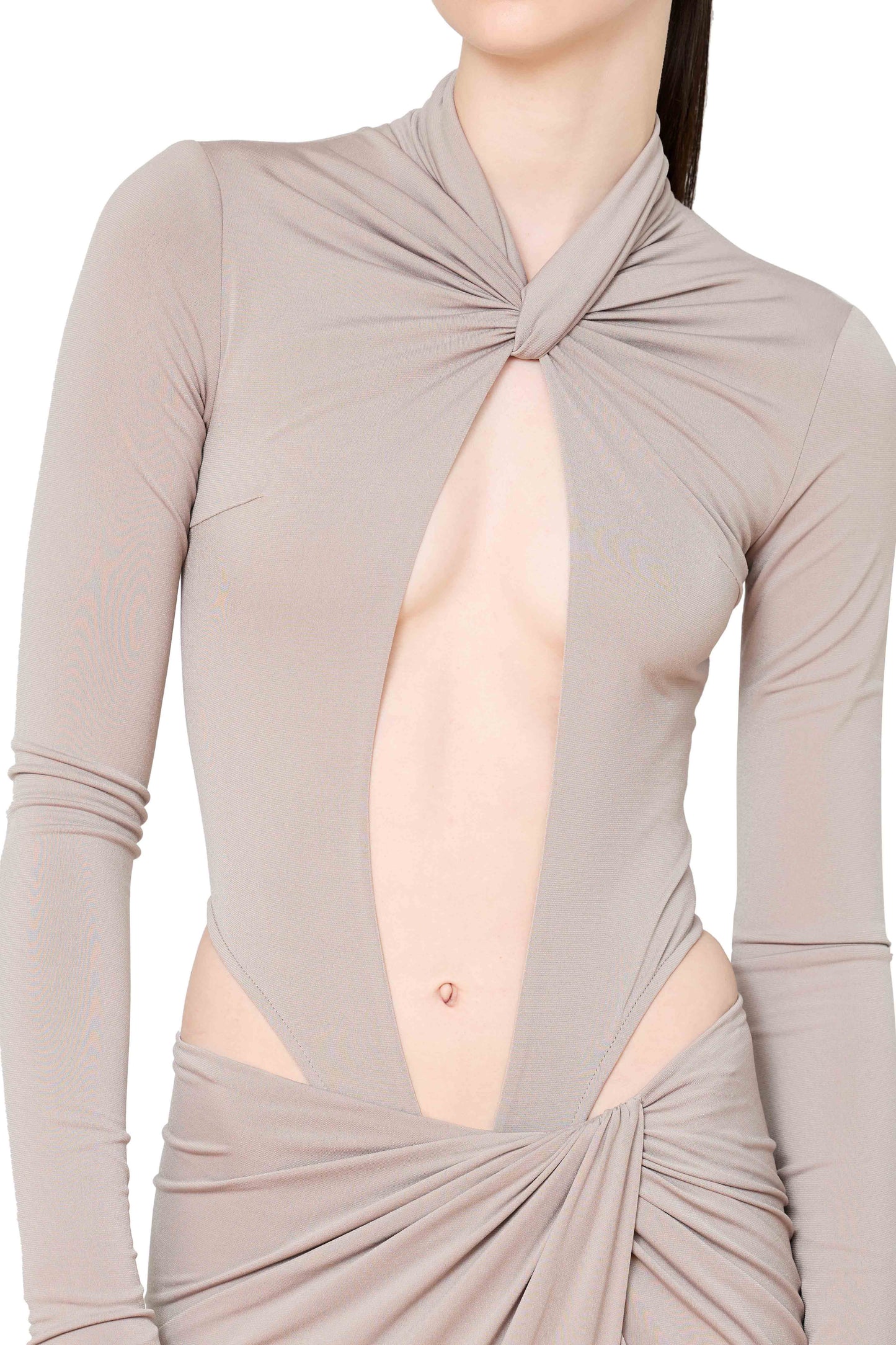 KEYHOLE BODYSUIT WITH RUCHED NECK DETAIL