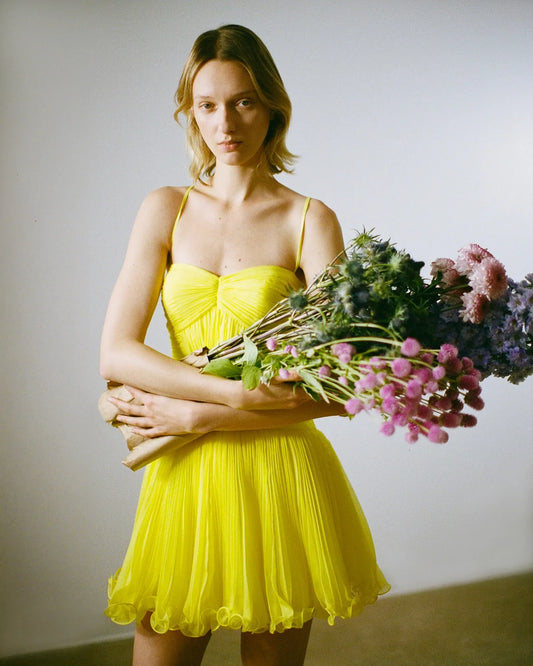 THE CANARY MICROPLEATED COCKTAIL DRESS