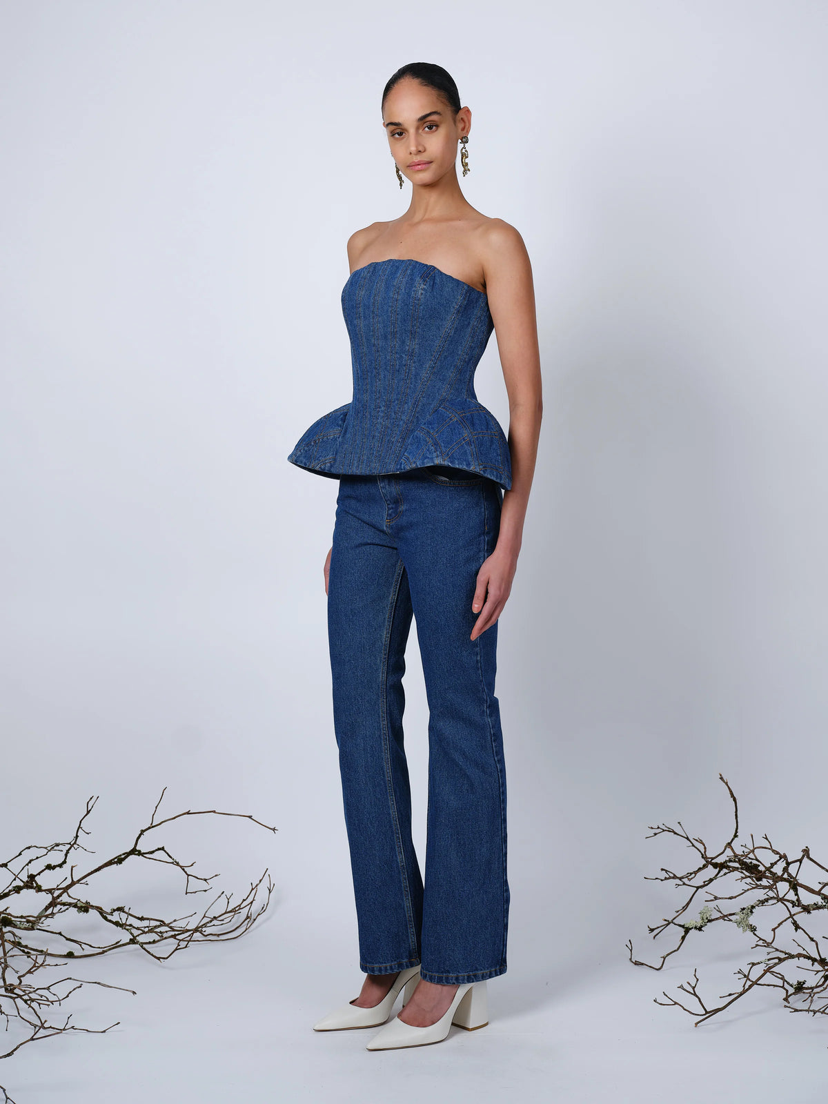 EMMI CORSET TOP IN BLUE DENIM
