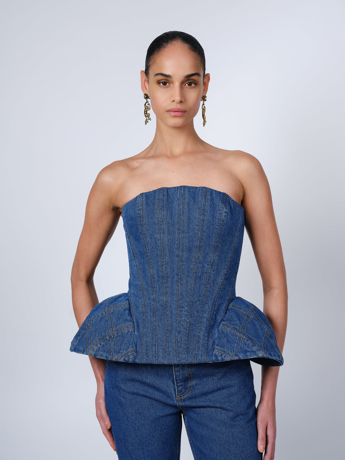 EMMI CORSET TOP IN BLUE DENIM