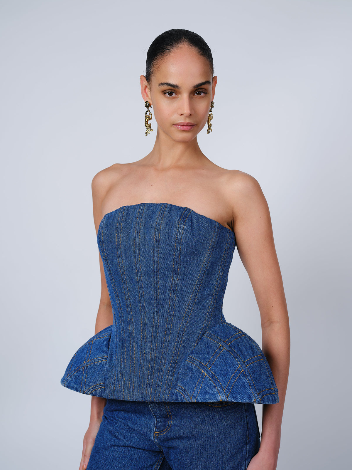EMMI CORSET TOP IN BLUE DENIM