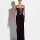 STRAPLESS LONGLINE ASYMMETRIC GOWN IN LEATHER & DRY JERSEY