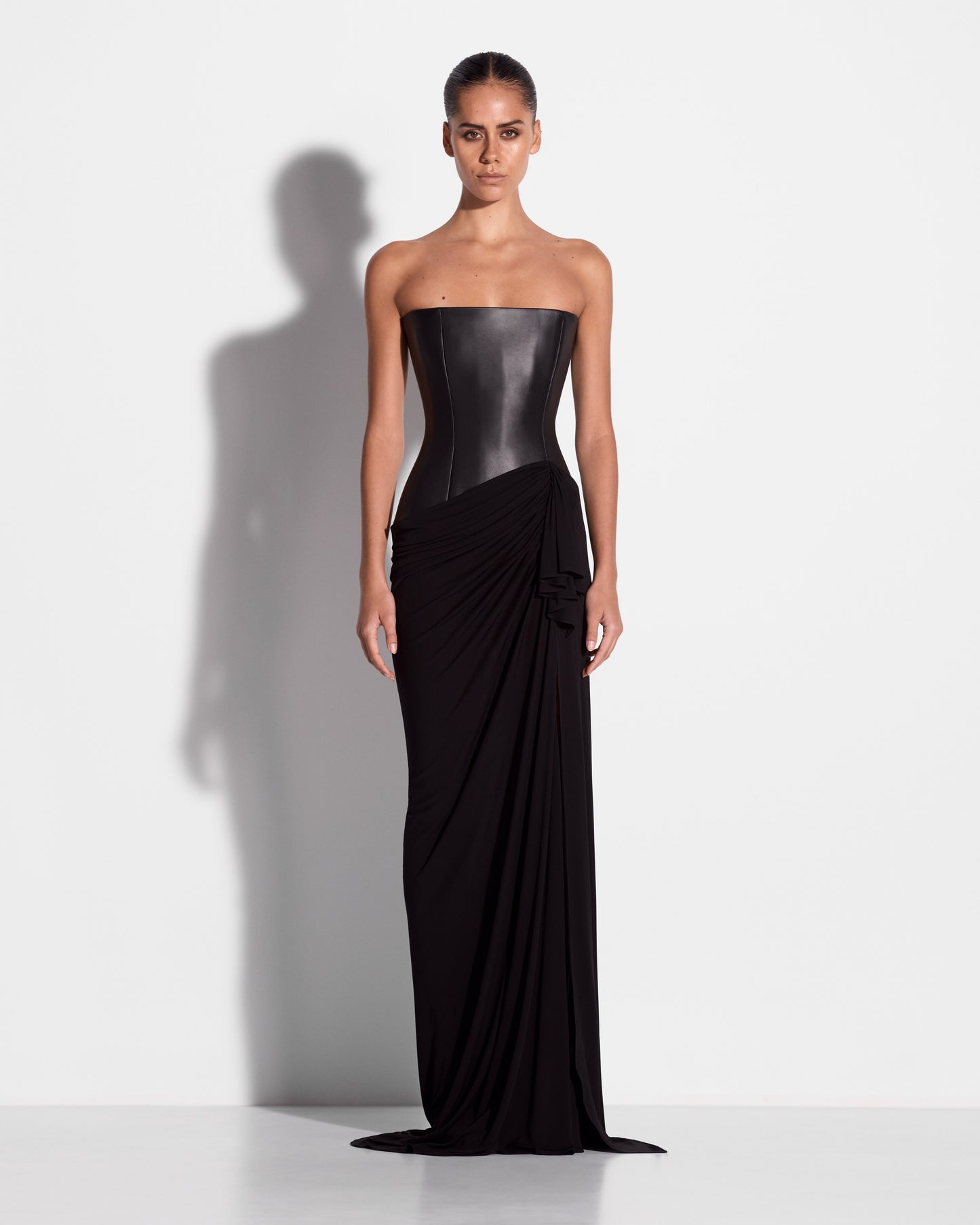 STRAPLESS LONGLINE ASYMMETRIC GOWN IN LEATHER & DRY JERSEY