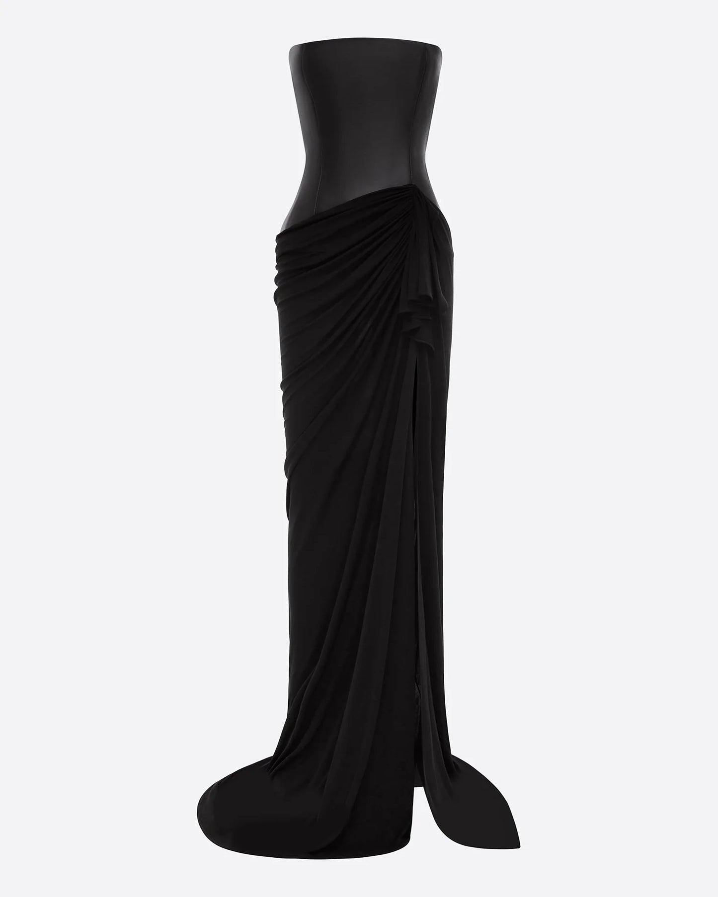 STRAPLESS LONGLINE ASYMMETRIC GOWN IN LEATHER & DRY JERSEY