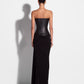 STRAPLESS LONGLINE ASYMMETRIC GOWN IN LEATHER & DRY JERSEY