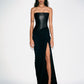 STRAPLESS LONGLINE ASYMMETRIC GOWN IN LEATHER & DRY JERSEY