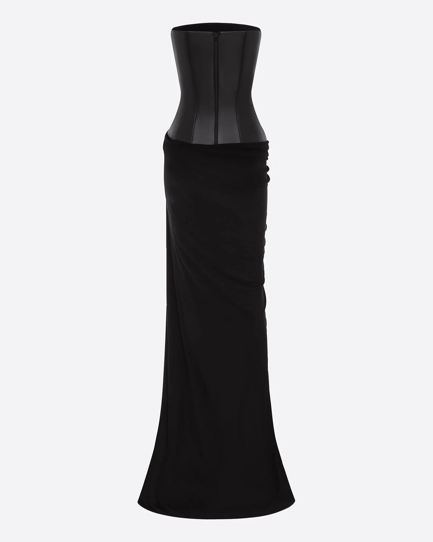 STRAPLESS LONGLINE ASYMMETRIC GOWN IN LEATHER & DRY JERSEY