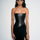 STRAPLESS LONGLINE ASYMMETRIC GOWN IN LEATHER & DRY JERSEY