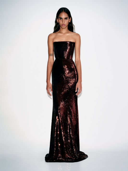 STRAPLESS GOWN IN SEQUIN MESH