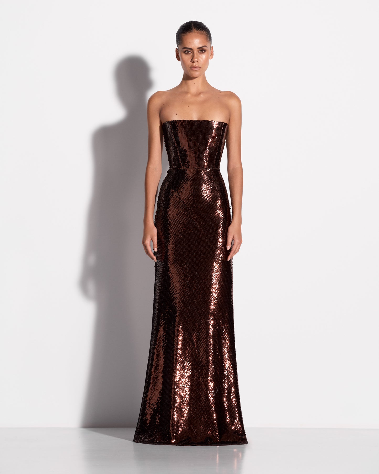 STRAPLESS GOWN IN SEQUIN MESH
