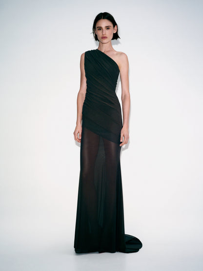 ONE SHOULDER TUCKED GOWN IN STRECH MESH