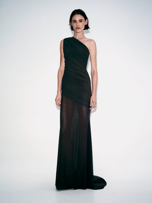 ONE SHOULDER TUCKED GOWN IN STRECH MESH