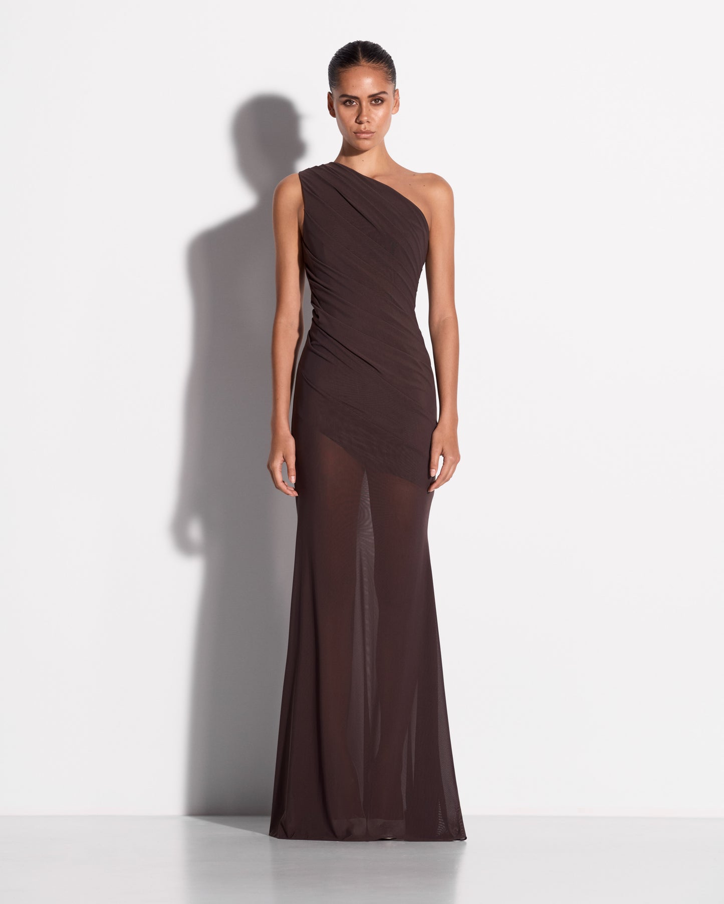 ONE SHOULDER TUCKED GOWN IN STRECH MESH