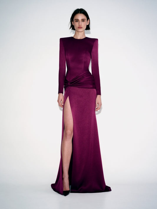 LONG SLEEVE KNOT GOWN IN SATIN CREPE